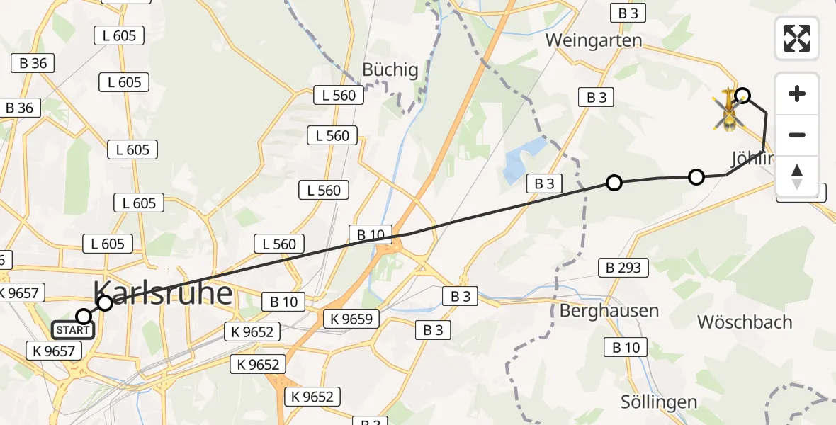 Flugroute Ambulanzhubschrauber Sankt Vincentius Hospital - Weingarten (Baden), 27 Juni 2026, 17:58