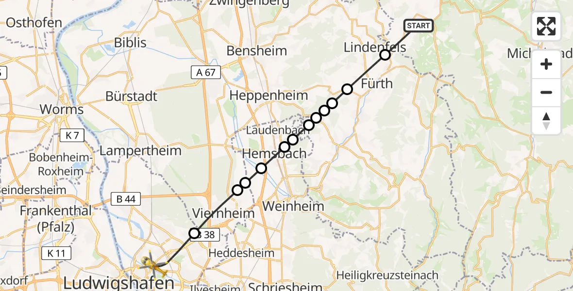Flugroute Rettungshubschrauber Reichelsheim (Odenwald) - Mannheim, 27 Juni 2026, 18:03