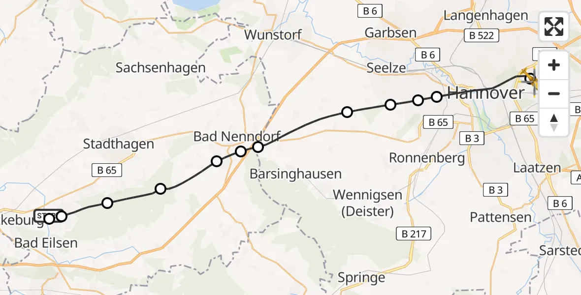 Flugroute Rettungshubschrauber Obernkirchen - Hannover Luftrettung Hubschrauberlandeplatz (Christoph 4), 27 Juni 2026, 18:11