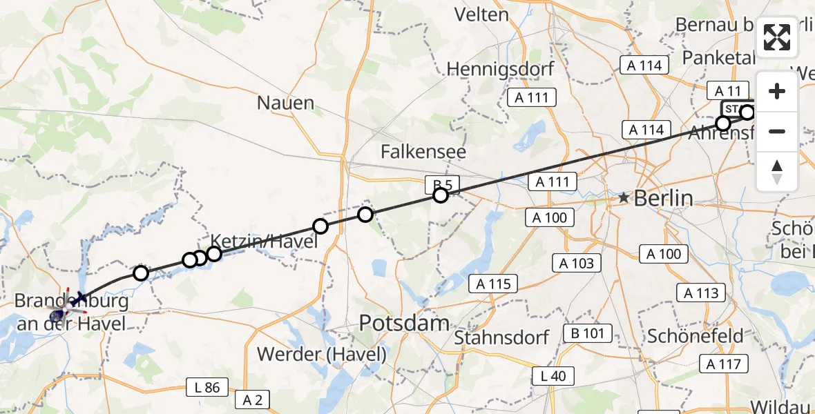 Flugroute Polizeihubschrauber Ahrensfelde Hubschrauberlandeplatz - Brandenburg an der Havel, 27 Juni 2026, 18:13