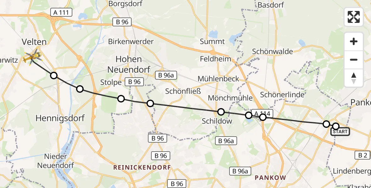 Flugroute Rettungshubschrauber Helios Clinic Berlin-Buch - Velten, 27 Juni 2026, 18:14