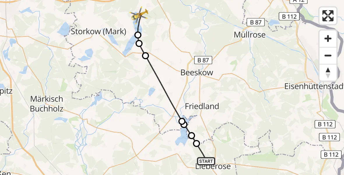 Flugroute Rettungshubschrauber Lieberose - Bad Saarow Hospital Hubschrauberlandeplatz, 27 Juni 2026, 18:15