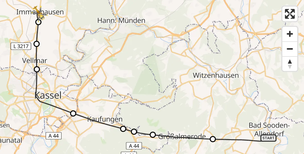 Flugroute Rettungshubschrauber Bad Sooden-Allendorf - Immenhausen, 27 Juni 2026, 18:16