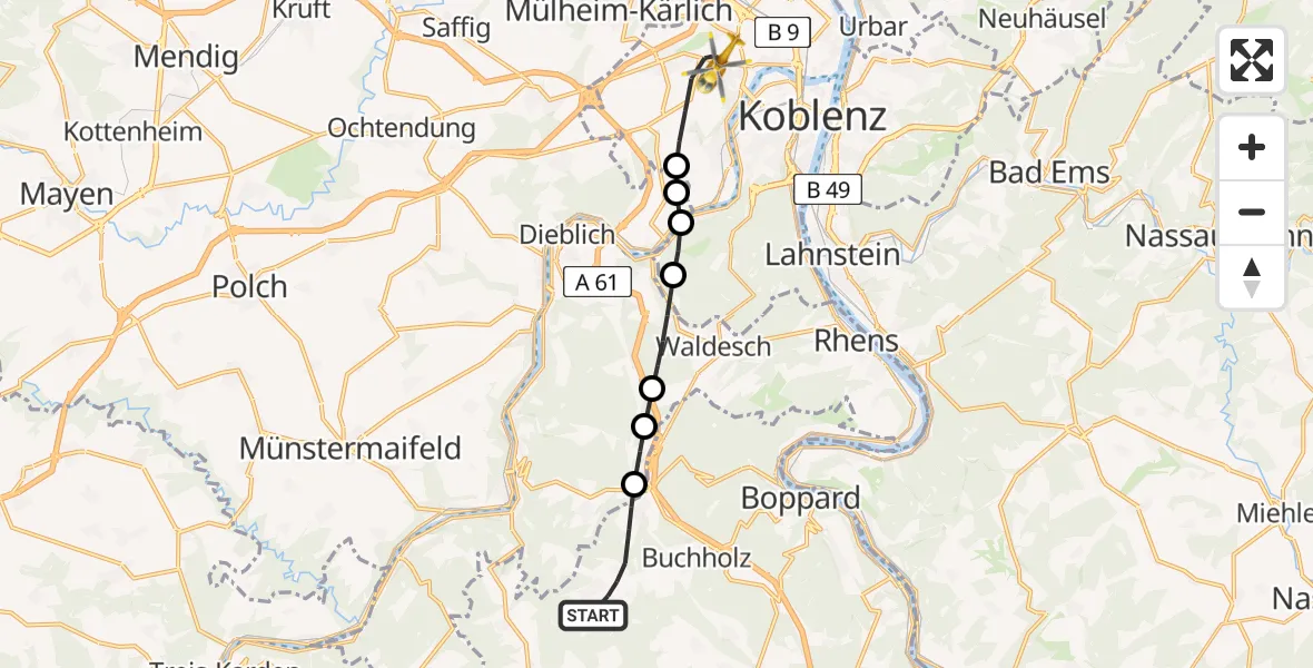 Flugroute Rettungshubschrauber Boppard - Koblenz, 27 Juni 2026, 18:16