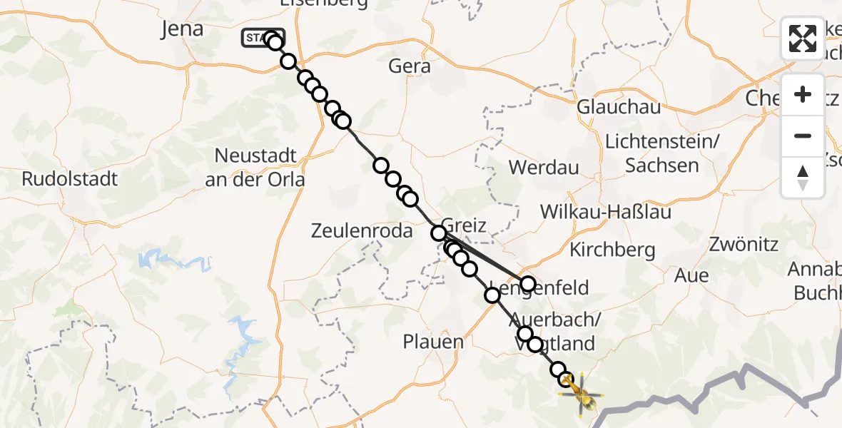 Flugroute Rettungshubschrauber Bürgel - Muldenhammer, 27 Juni 2026, 18:17