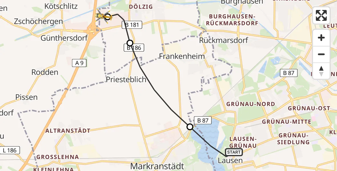 Flugroute Rettungshubschrauber Leipzig - ADAC Air Rescue Station Leipzig/Schkeuditz-Dölzig Hubschrauberlandeplatz (Christoph 61), 27 Juni 2026, 18:17
