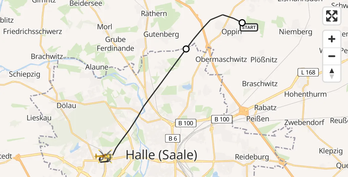Flugroute Rettungshubschrauber Halle-Oppin Flugplatz - Halle (Saale), 27 Juni 2026, 18:18