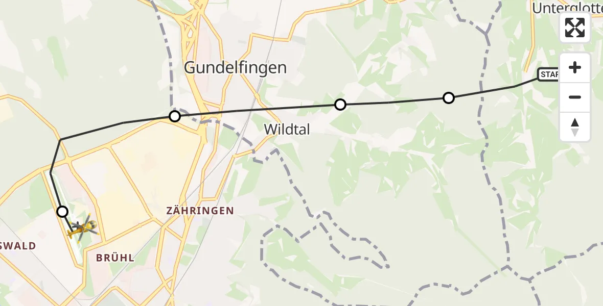Flugroute Ambulanzhubschrauber Glottertal - Freiburg im Breisgau Flugplatz, 27 Juni 2026, 18:24
