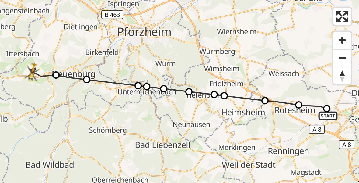 Flugroute Rettungshubschrauber Leonberg Hospital - Straubenhardt, 27 Juni 2026, 18:32