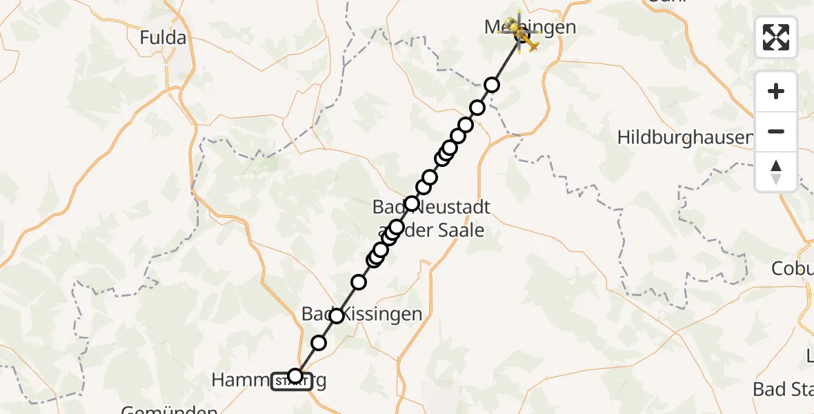 Flugroute Rettungshubschrauber Fuchsstadt - Helios Clinic Meiningen, 27 Juni 2026, 18:34