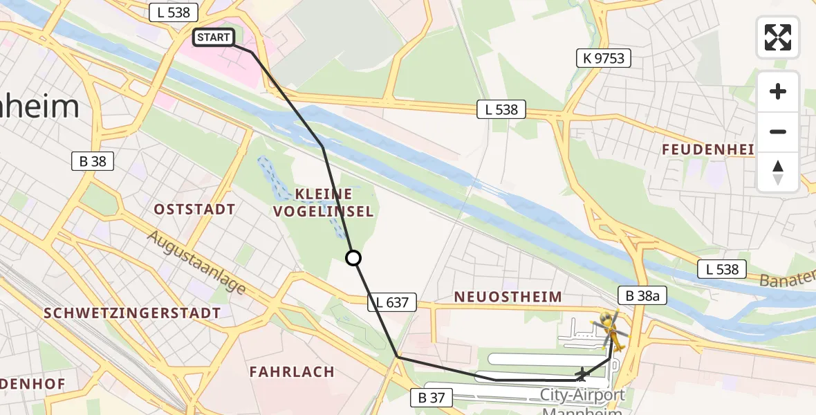 Flugroute Rettungshubschrauber Mannheim - Mannheim-City Flughafen, 27 Juni 2026, 18:36