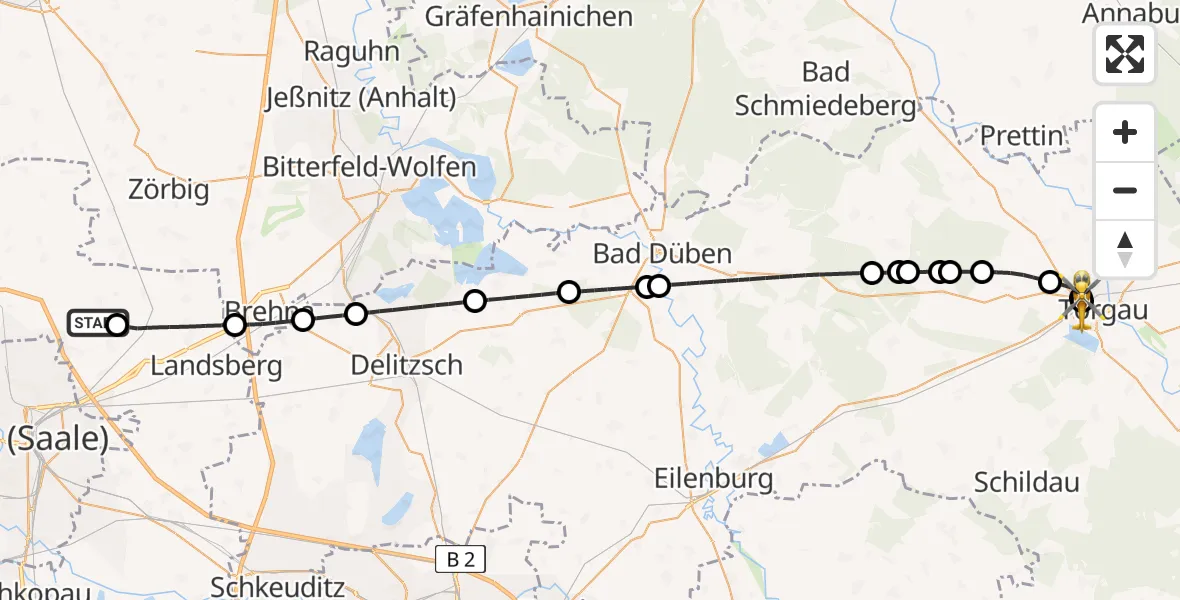 Flugroute Rettungshubschrauber Halle-Oppin Flugplatz - Torgau District Hospital, 27 Juni 2026, 18:37