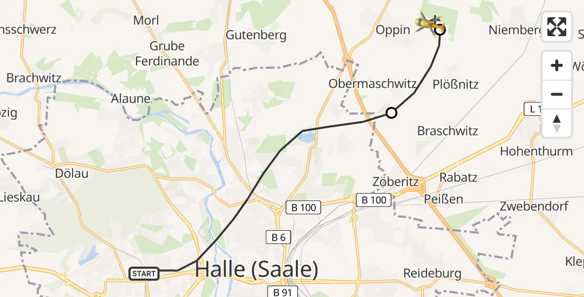 Flugroute Rettungshubschrauber Halle (Saale) - Halle-Oppin Flugplatz, 27 Juni 2026, 18:39