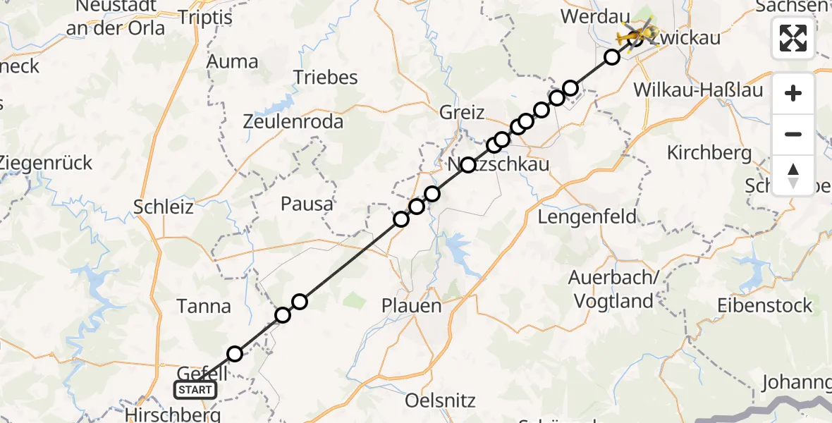 Flugroute Rettungshubschrauber Gefell - ADAC Air Rescue Station Zwickau Hubschrauberlandeplatz, 27 Juni 2026, 18:41