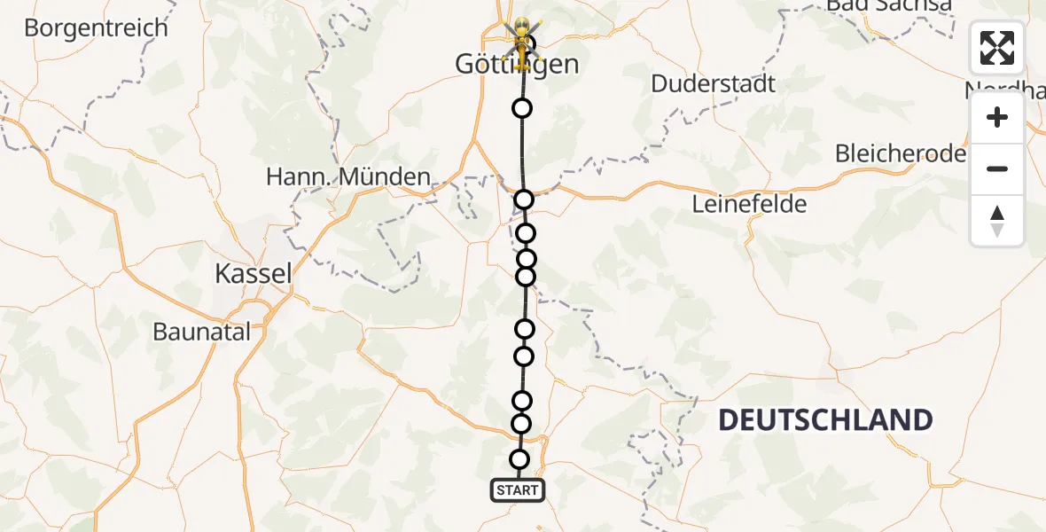 Flugroute Rettungshubschrauber Sontra - Göttingen University Clinic Hubschrauberlandeplatz, 27 Juni 2026, 18:46