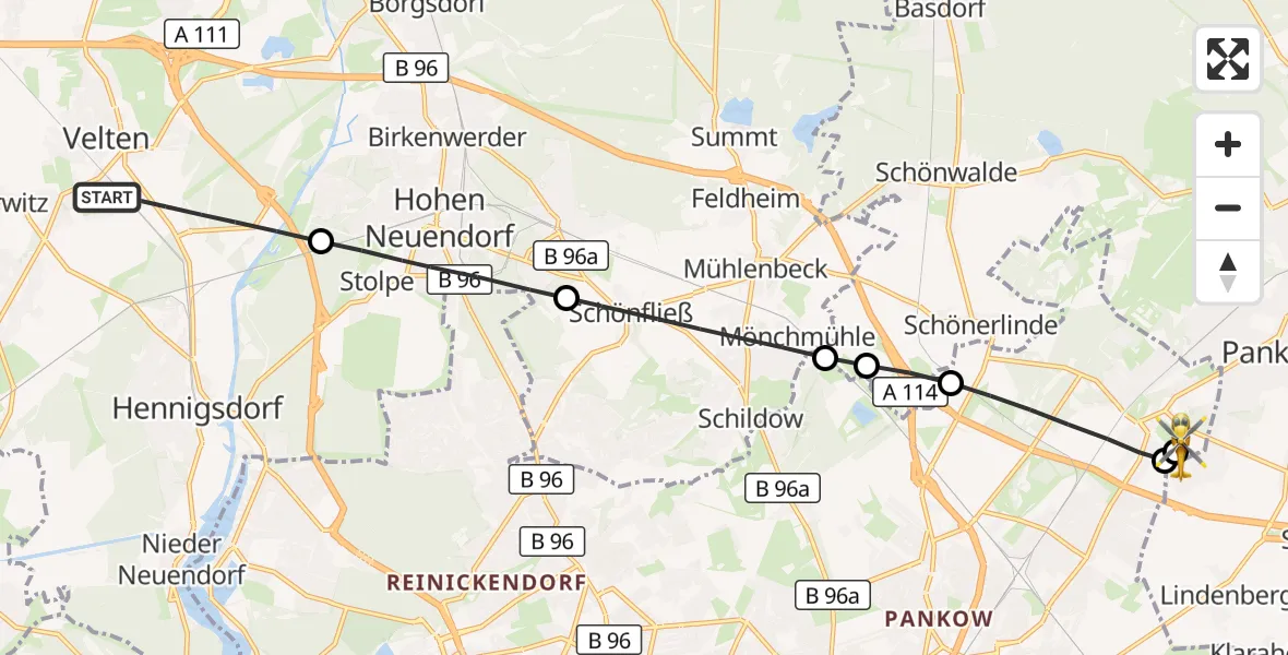 Flugroute Rettungshubschrauber Velten - Helios Clinic Berlin-Buch, 27 Juni 2026, 18:47