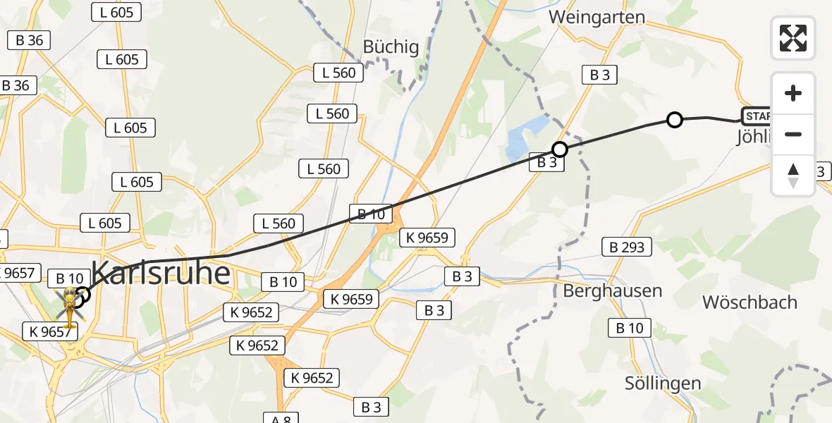 Flugroute Ambulanzhubschrauber Walzbachtal - Sankt Vincentius Hospital, 27 Juni 2026, 18:48