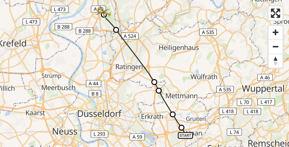 Flugroute Rettungshubschrauber Haan - Duisburg Air Rescue Hubschrauberlandeplatz (Christoph 9), 27 Juni 2026, 18:53