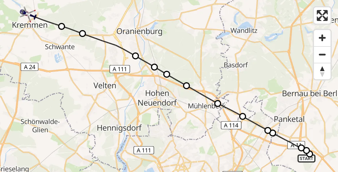 Flugroute Polizeihubschrauber Ahrensfelde Hubschrauberlandeplatz - Kremmen, 27 Juni 2026, 18:56