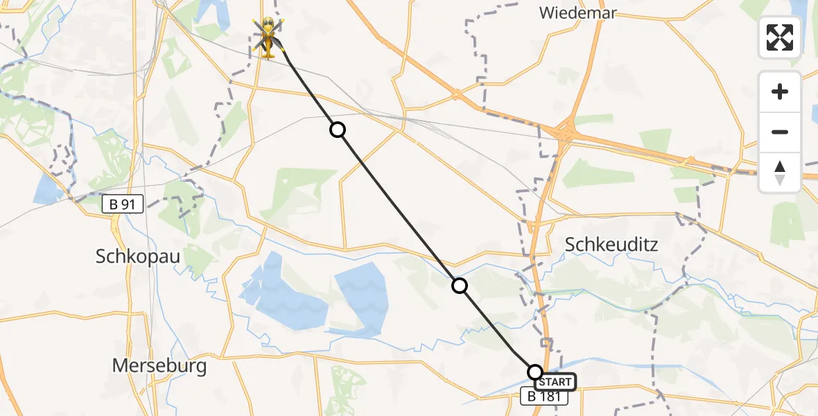 Flugroute Rettungshubschrauber ADAC Air Rescue Station Leipzig/Schkeuditz-Dölzig Hubschrauberlandeplatz (Christoph 61) - Kabelsketal, 27 Juni 2026, 18:57