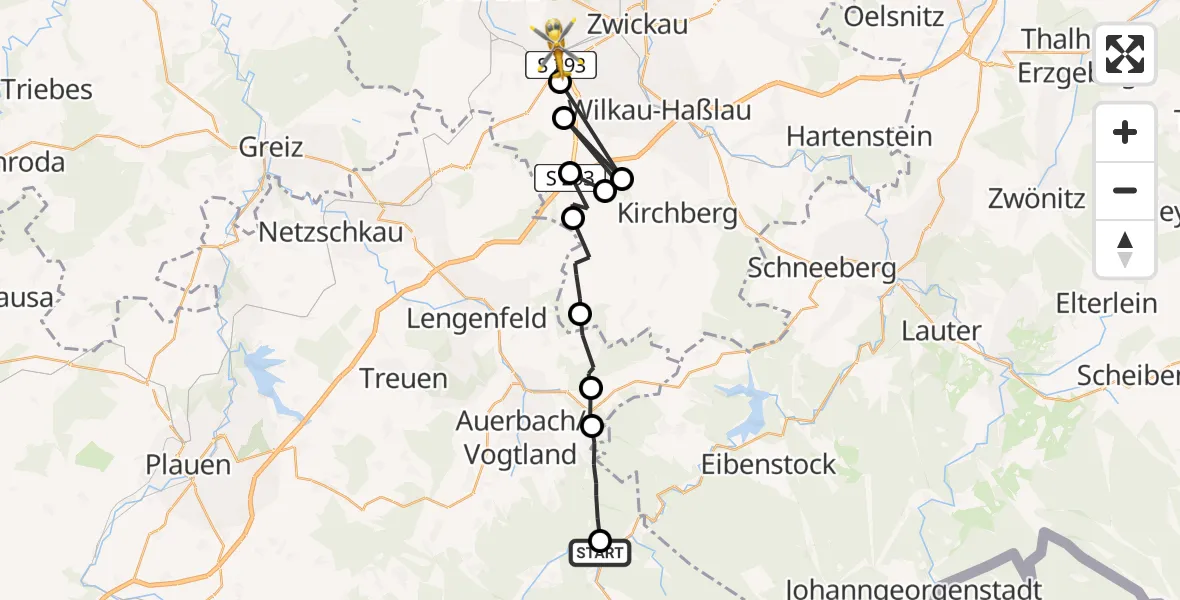 Flugroute Rettungshubschrauber Muldenhammer - Zwickau, 27 Juni 2026, 18:58