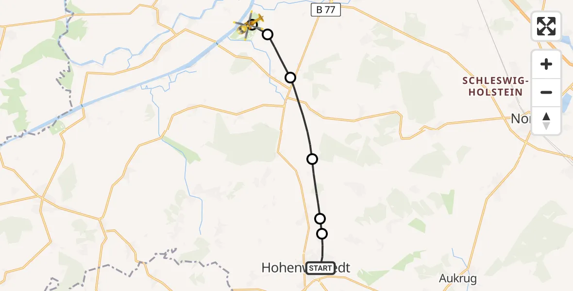 Flugroute Ambulanzhubschrauber Hohenwestedt - Rendsburg-Schachtholm Flugplatz, 27 Juni 2026, 19:00