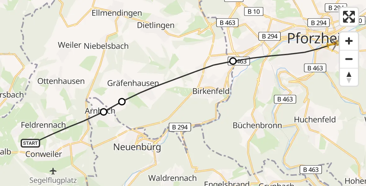 Flugroute Rettungshubschrauber Straubenhardt - Pforzheim, 27 Juni 2026, 19:01
