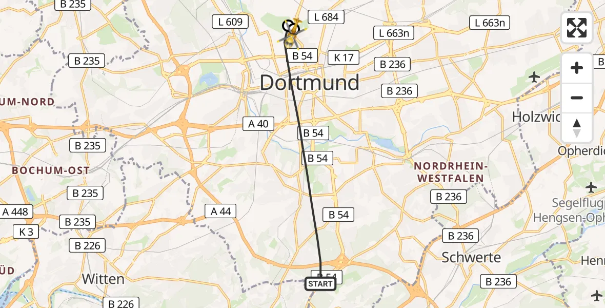 Flugroute Rettungshubschrauber Dortmund - Dortmund Hospital North, 27 Juni 2026, 19:02