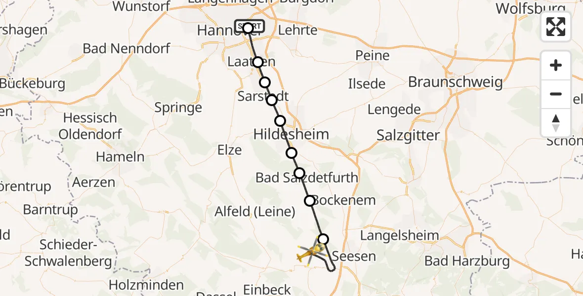 Flugroute Rettungshubschrauber Hannover Luftrettung Hubschrauberlandeplatz (Christoph 4) - Bad Gandersheim, 27 Juni 2026, 19:03