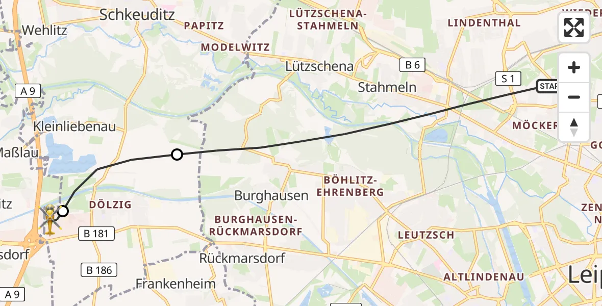 Flugroute Rettungshubschrauber Leipzig - ADAC Air Rescue Station Leipzig/Schkeuditz-Dölzig Hubschrauberlandeplatz (Christoph 61), 27 Juni 2026, 19:07