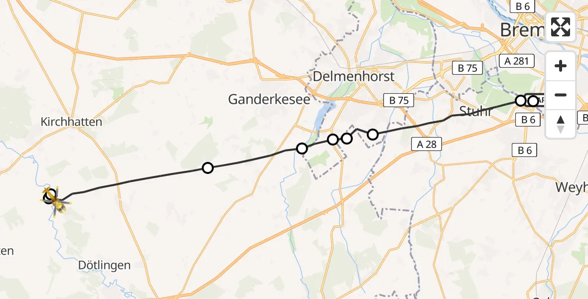 Flugroute Rettungshubschrauber ADAC Air Rescue Station Bremen Hubschrauberlandeplatz (Christoph 6) - Großenkneten, 27 Juni 2026, 19:07