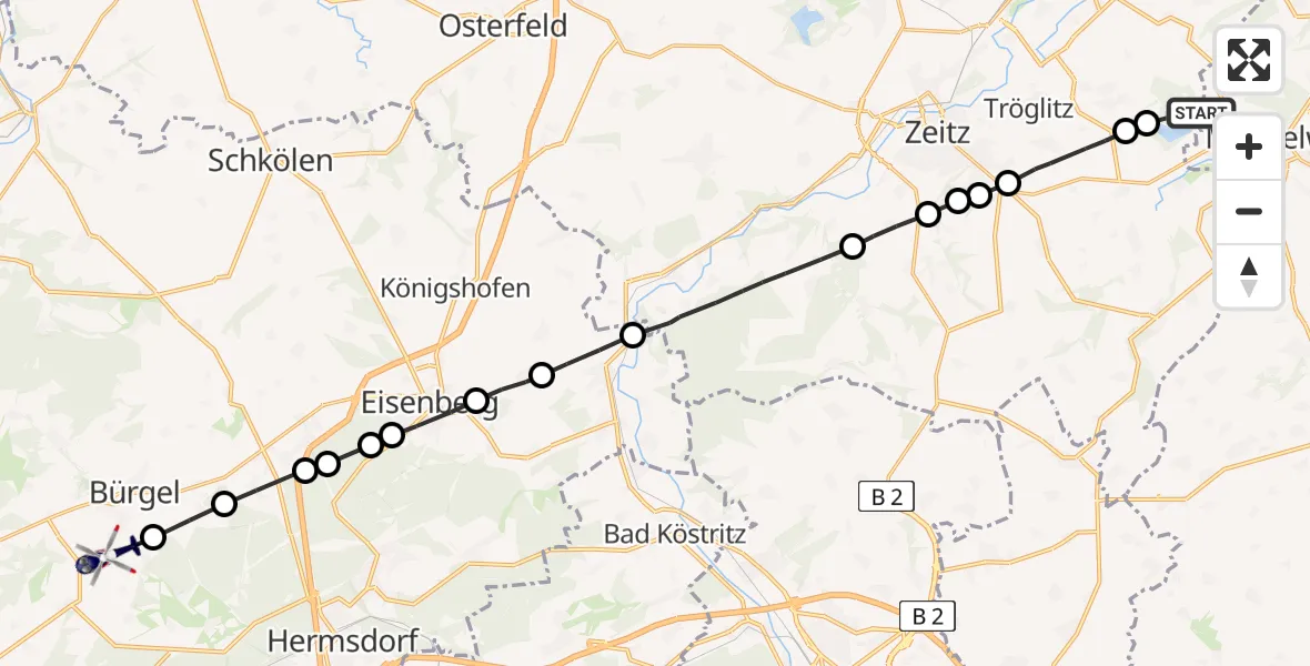 Flugroute Polizeihubschrauber Elsteraue - Bürgel, 27 Juni 2026, 19:15