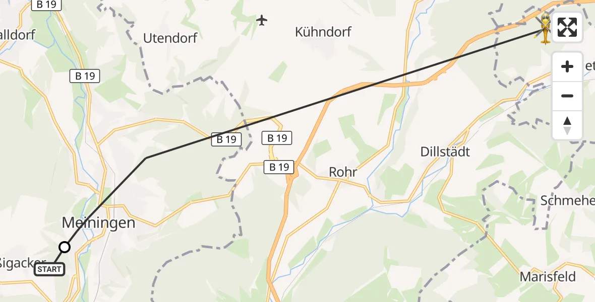 Flugroute Rettungshubschrauber Helios Clinic Meiningen - Suhl, 27 Juni 2026, 19:16