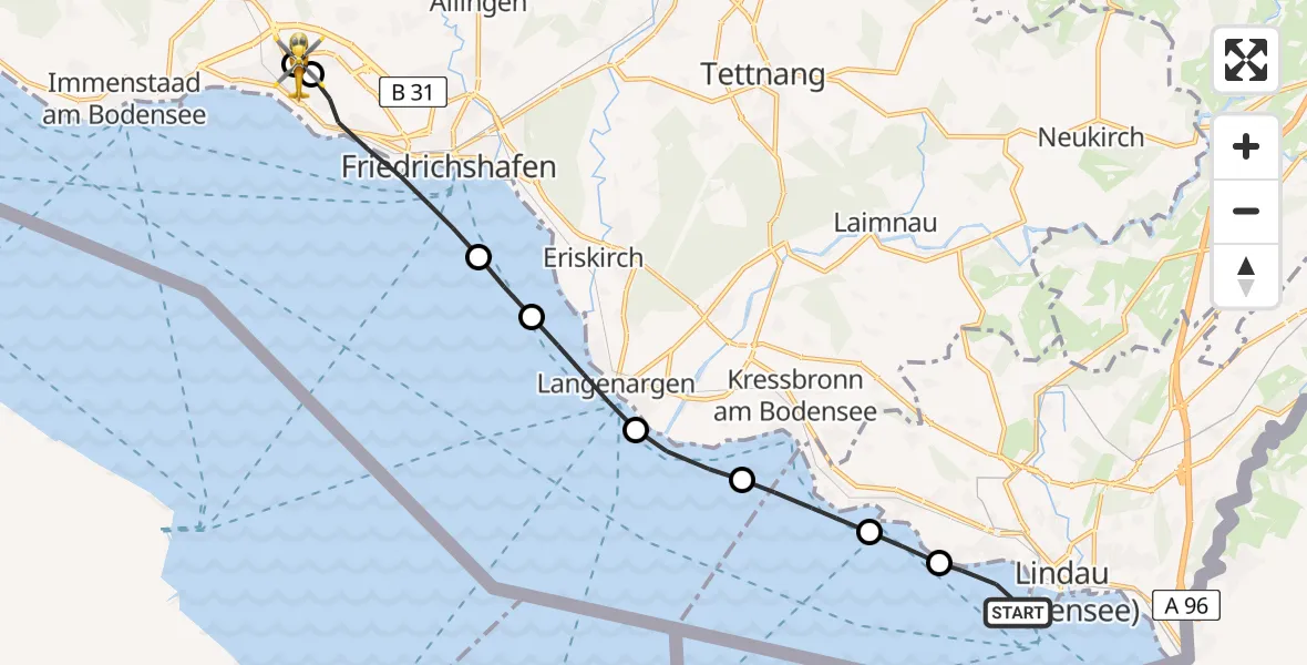 Flugroute Rettungshubschrauber Lindau (Bodensee) - Friedrichshafen Hospital, 27 Juni 2026, 19:23