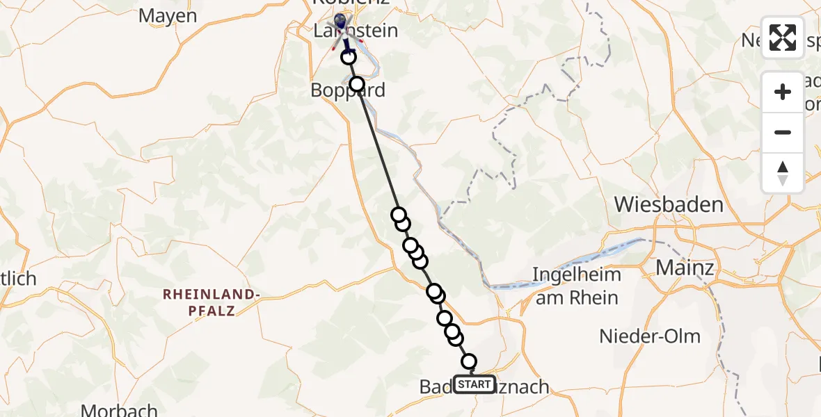 Flugroute Polizeihubschrauber Bad Kreuznach - Koblenz, 27 Juni 2026, 19:26