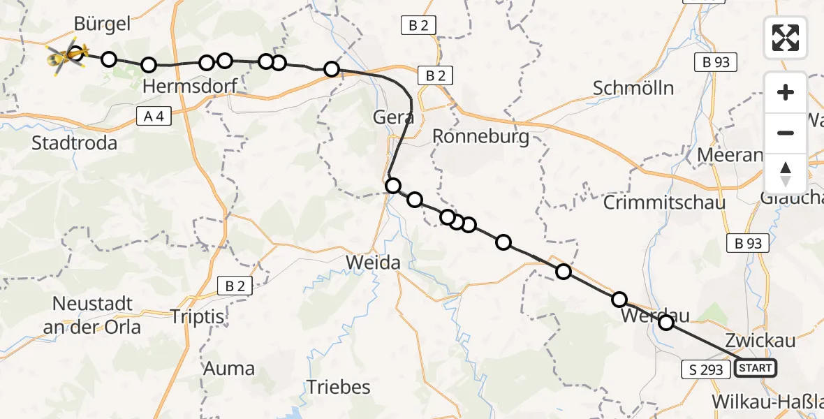 Flugroute Rettungshubschrauber Zwickau - Schöngleina, 27 Juni 2026, 19:27