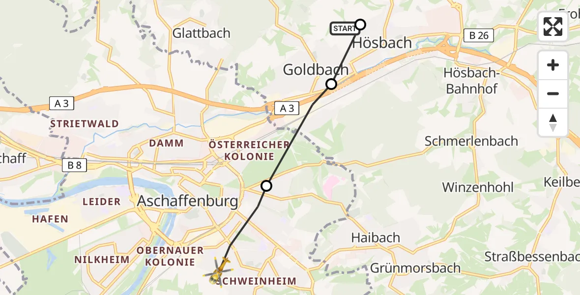 Flugroute Rettungshubschrauber Goldbach - Aschaffenburg, 27 Juni 2026, 19:30