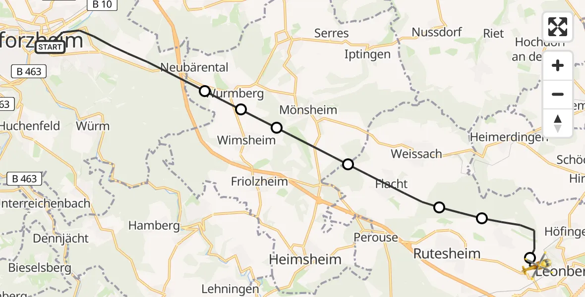 Flugroute Rettungshubschrauber Pforzheim - Leonberg Hospital, 27 Juni 2026, 19:30