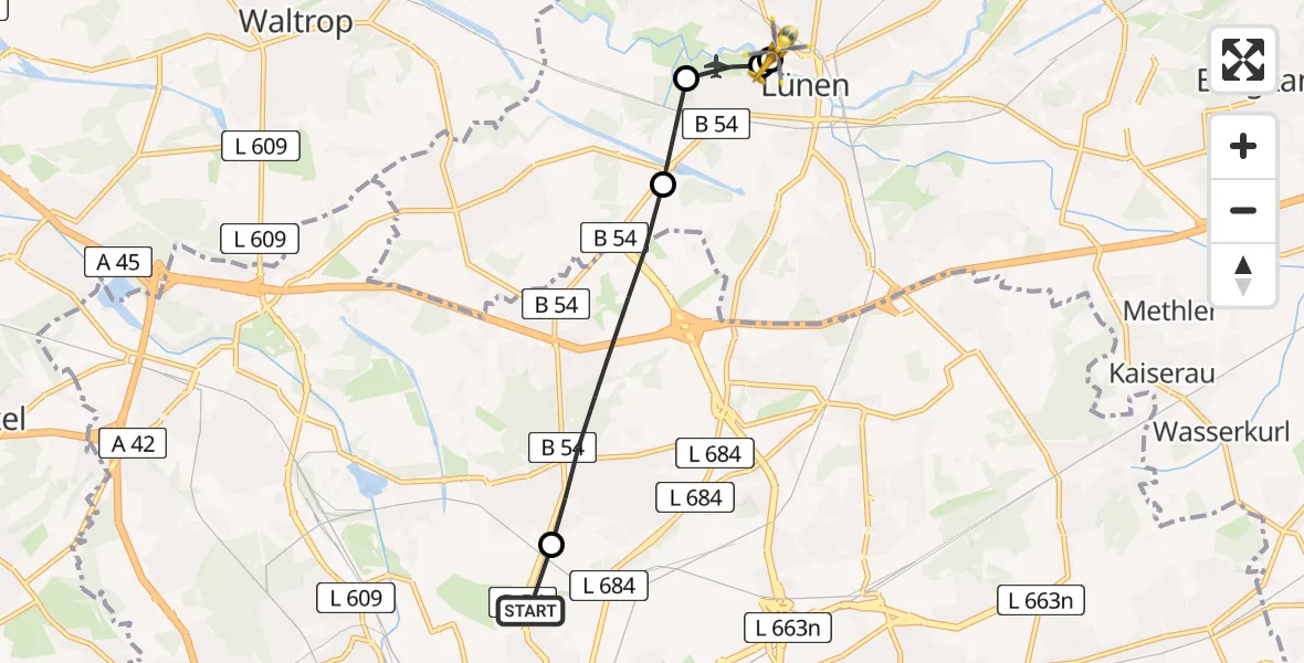 Flugroute Rettungshubschrauber Dortmund Hospital North - Sankt Marien Hospital, 27 Juni 2026, 19:33