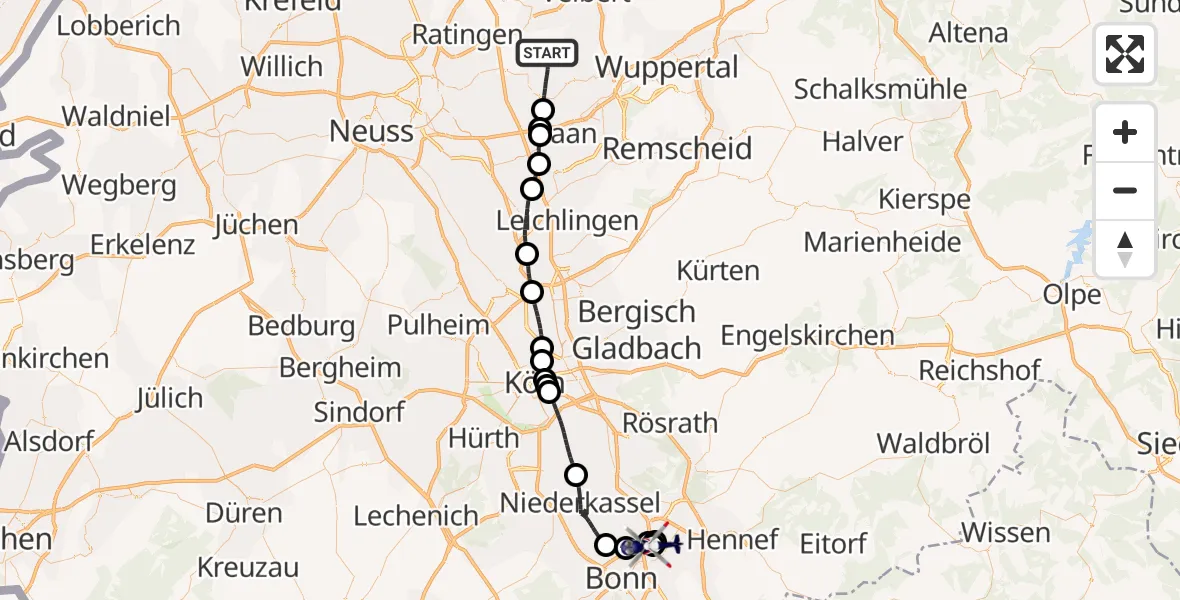 Flugroute Polizeihubschrauber Mettmann - Sankt Augustin, 27 Juni 2026, 19:34