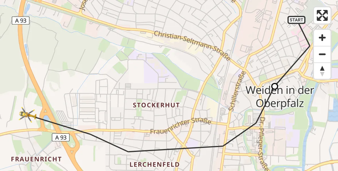 Flugroute Rettungshubschrauber Weiden Hospital - Weiden i.d.OPf., 27 Juni 2026, 19:35
