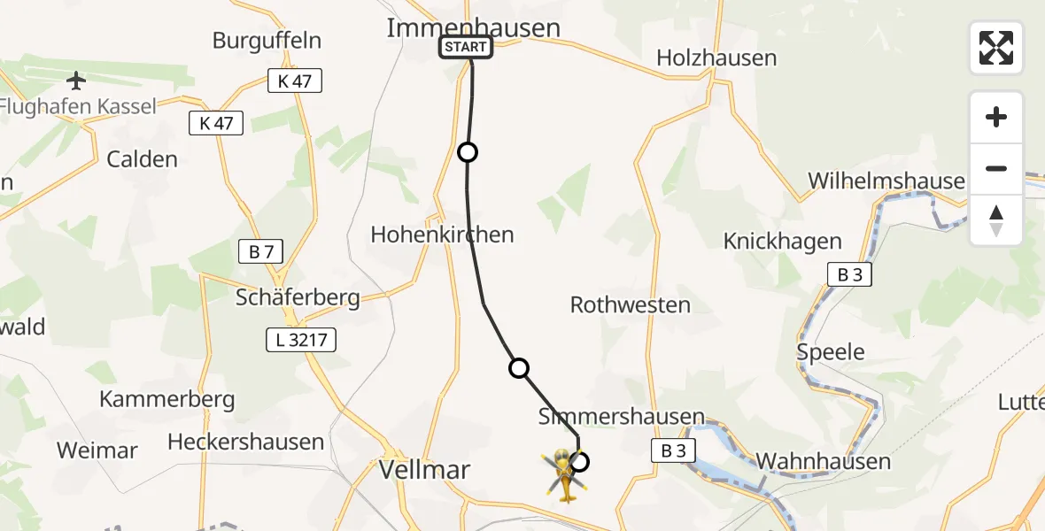 Flugroute Rettungshubschrauber Immenhausen - Fuldatal Bundespolizei Hubschrauberlandeplatz, 27 Juni 2026, 19:36