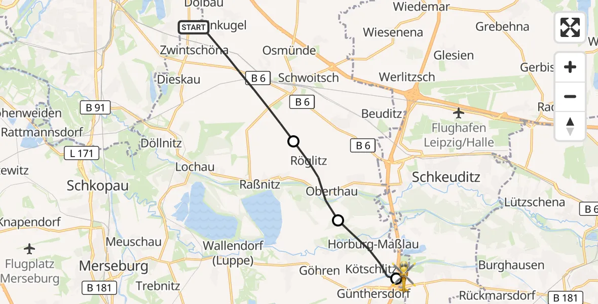 Flugroute Rettungshubschrauber Kabelsketal - ADAC Air Rescue Station Leipzig/Schkeuditz-Dölzig Hubschrauberlandeplatz (Christoph 61), 27 Juni 2026, 19:37