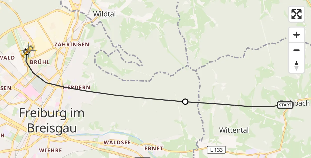 Flugroute Ambulanzhubschrauber Stegen - Freiburg im Breisgau Flugplatz, 27 Juni 2026, 19:48
