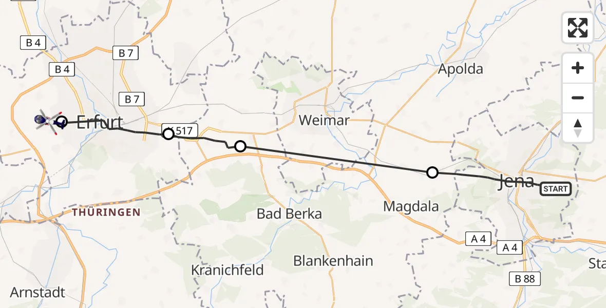 Flugroute Polizeihubschrauber Jena - Erfurt-Weimar Flughafen, 27 Juni 2026, 19:48