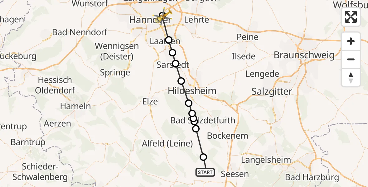 Flugroute Rettungshubschrauber Bad Gandersheim - Hannover Luftrettung Hubschrauberlandeplatz (Christoph 4), 27 Juni 2026, 19:49