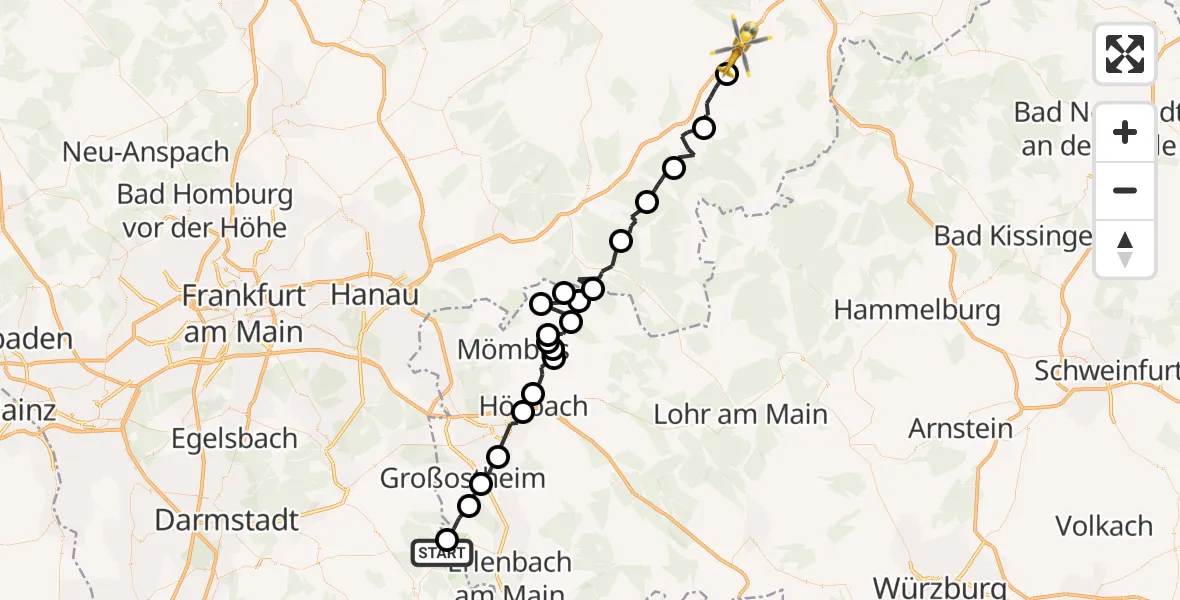 Flugroute Rettungshubschrauber Breuberg - Flieden, 27 Juni 2026, 19:55