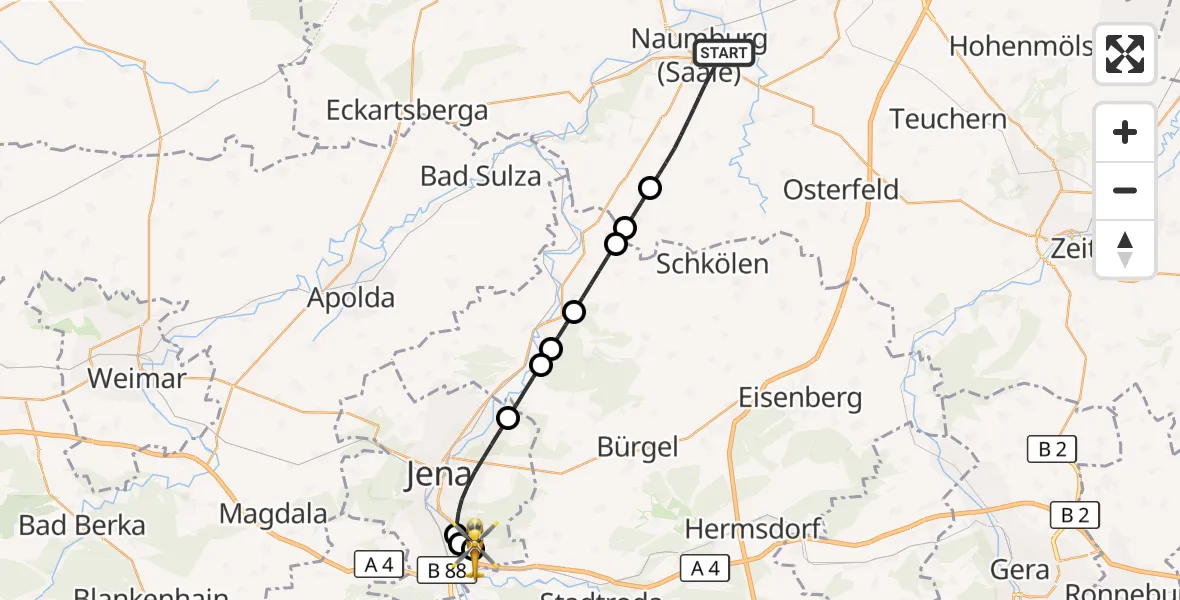 Flugroute Ambulanzhubschrauber Naumburg (Saale) - Jena University Hospital, 27 Juni 2026, 20:03