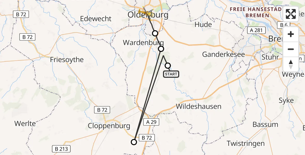 Flugroute Rettungshubschrauber Großenkneten - Oldenburg (Oldb), 27 Juni 2026, 20:04