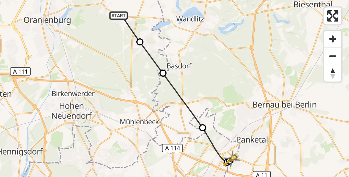Flugroute Rettungshubschrauber Oranienburg - Helios Clinic Berlin-Buch, 27 Juni 2026, 20:14